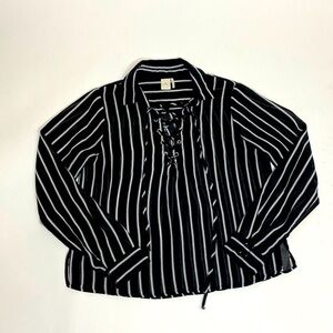 Paper Crane Stripe Lace-Up Collared Blouse